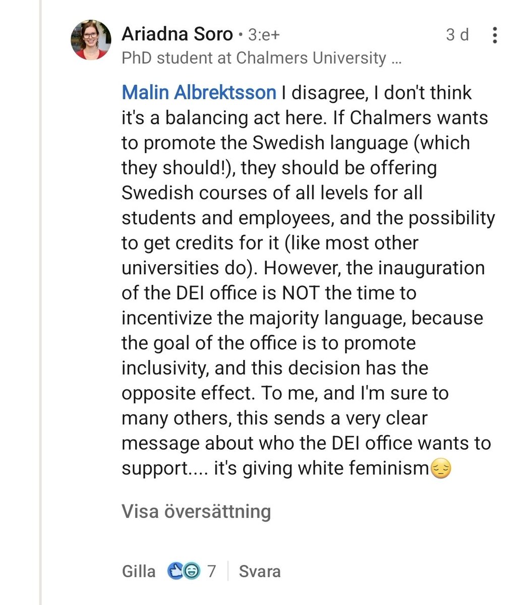 Invigningen av Chalmers 'DEI Office' har redan anklagats för att motverka inklusivitet av andra DEI-krigare. Detta pga invigningen ska ske på svenska.

En kritiker anser att:
"It's giving white feminism"
Hahahahaha 😂