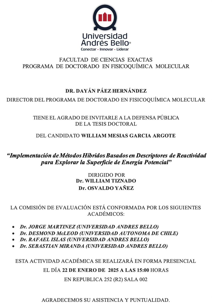 Computational and Theoretical Chemistry Group (@ctcgunab) on Twitter photo You are cordially invited to the thesis defense of candidate Williams García!!! <a href="/willloook/">..................</a> You are cordially invited to the thesis defense of candidate Williams García!!! <a href="/willloook/">..................</a>
