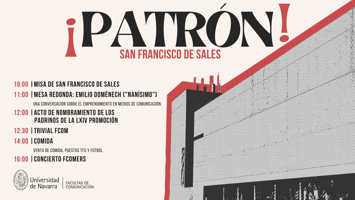 Este 22 de enero celebraremos con antelación a nuestro patrón San Francisco de Sales 🥳

Será una jornada llena de actividades, entre ellas tendremos una charla con Emilio Doménech (<a href="/Nanisimo/">Emilio Doménech</a>) y conoceremos a los padrinos de la LXIV promoción de <a href="/fcomunav/">fcomunav</a> 

Programa completo👇