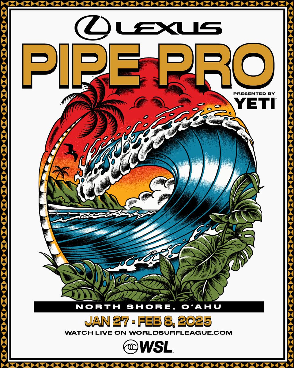 wsl's tweet photo. It all starts January 27th

The #WSLChampionshipTour kicks off at the wave that's defined heavy water surfing since the inception of the sport, Pipeline.

@lexus #PipePro presented by @yeticoolers https://t.co/xmL8fL3moR