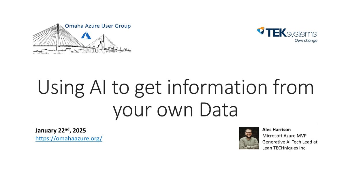 Omaha Azure User Group (@omahaazure) on Twitter photo Happy New Year, everyone. Join us this Wednesday, 1/22, at 6 PM for an exciting session by Alec Harrison! Don’t miss this chance to learn how to use AI to get information from your data. <a href="/TEKsystems/">TEKsystems</a> will be our sponsor, providing food & drinks. Details: omahaazure.org/omaha-azure-us… Happy New Year, everyone. Join us this Wednesday, 1/22, at 6 PM for an exciting session by Alec Harrison! Don’t miss this chance to learn how to use AI to get information from your data. <a href="/TEKsystems/">TEKsystems</a> will be our sponsor, providing food & drinks. Details: omahaazure.org/omaha-azure-us…