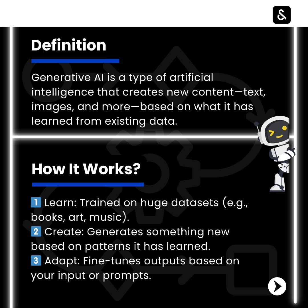 SupervityAI's tweet photo. 🎨 How does AI create art, text, or even music?

The answer is Generative AI. Follow @Supervity for more AI insights!

#GenerativeAI #ArtificialIntelligence #AIForCreativity #WorkflowSimplification #SupervityAI #AIInBusiness https://t.co/YeebgeJpGI