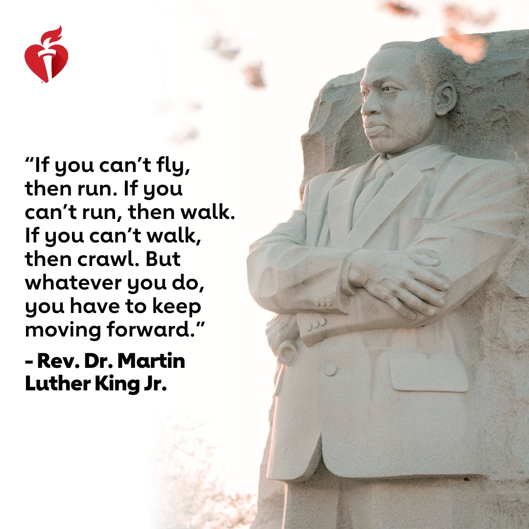 American_Heart's tweet photo. Today we remember and honor the life and legacy of Dr. Martin Luther King Jr. His example guides us in our mission to change the future of health and ensure longer, healthier lives for all. #MLKDay https://t.co/faKEO6LRgl