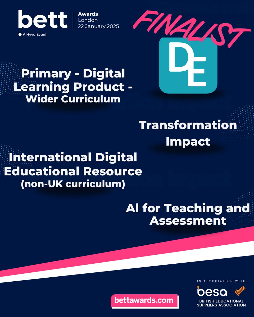 It's Bett Awards week! 🎇
Developing Experts are finalists for FOUR award categories. 🏆
We are proud to be nominated alongside companies and businesses that are recognised for their inspirational work in education! 
---
#bettawards #bett #bettuk2025