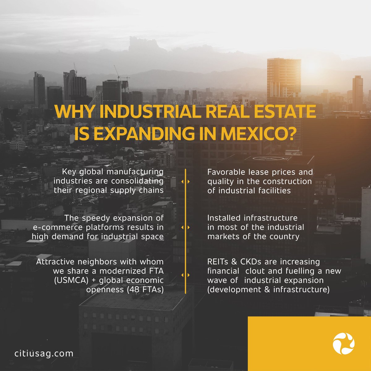 These are some of the reasons why Mexico has become an attractive industrial destination for many national and international investors.​

Please contact us for more information.​

#RealEstate #CitiusAG #CitiusAdvisoryGroup #CorporateRealEstateAdvisors