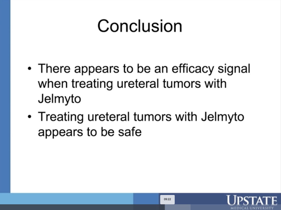 urotoday's tweet image. #UGN-101 in upper tract #UrothelialCancer: Real-world data analysis. @UroCancerMD @VUMCurology interviews Dr. Joseph Jacob @UpstateNews on Jelmyto's potential in treating ureteral tumors! Data from 23 patients show a 50% complete response rate &amp;amp; 26% partial response, with minimal