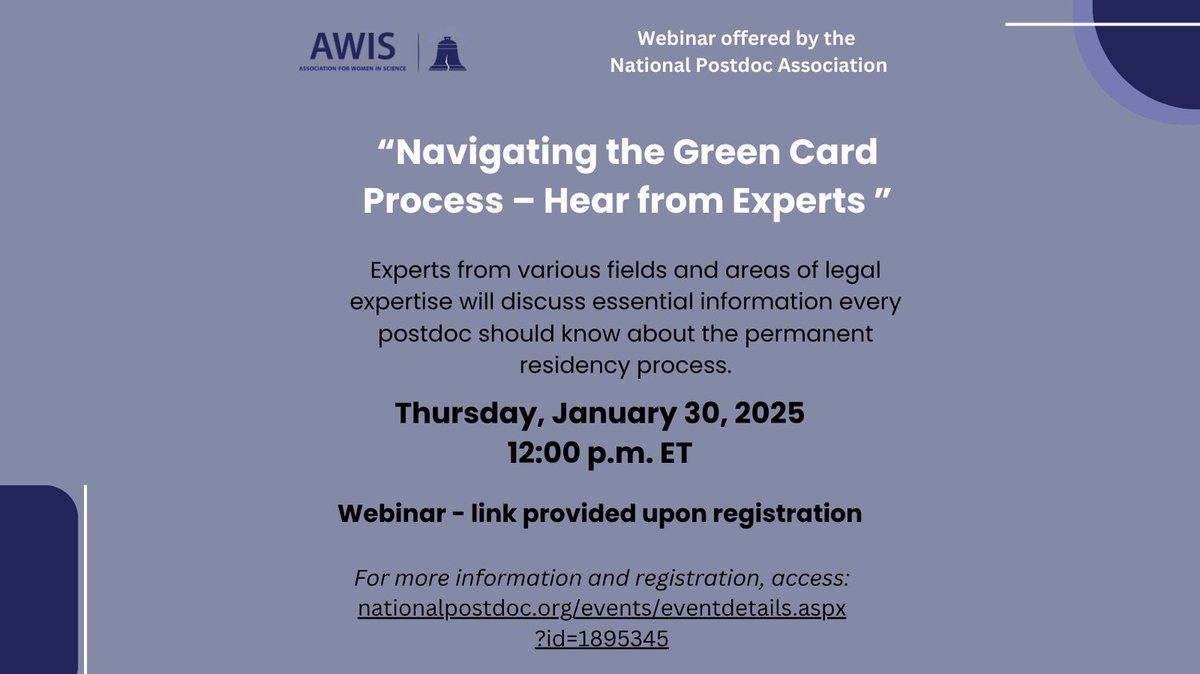 AWISPHL's tweet image. Experts from various fields and areas of legal expertise will discuss essential information every postdoc should know about the permanent residency process.
This webinar targets postdoctoral fellows and it's free!
To register: nationalpostdoc.org/events/eventde…