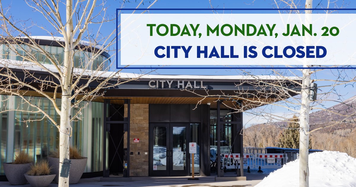 cityofaspen's tweet photo. Many city facilities and virtual services will be closed today, Jan. 20. City offices will reopen tomorrow, Jan. 21. Essential services, include those provided by police, streets, parks, and utilities, are still available. more in at https://t.co/RmSNUk5AEl https://t.co/Yx63FZjUiY