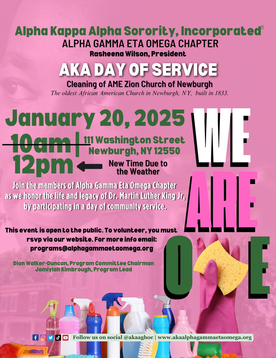 akaaghoc's tweet photo. On this “We Are One” AKA Service Day, may our acts speak loudly and heed Dr. King’s call to serve!

The Cleaning of AME Zion Church of Newburgh will begin today at 12pm. 🧼🧽🫧🧹

#SoaringWithAKA #AKA1908 #NAR1908 #NARFIRST #SisterlyServingYouFIRST #alphakappaalpha https://t.co/djOz053un3