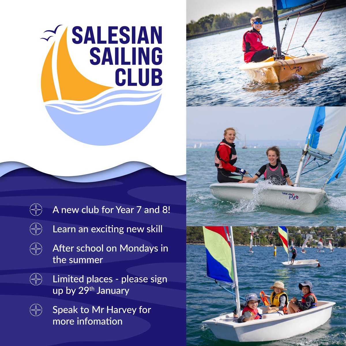 Introducing our new Sailing Club for Years 7 and 8! Mr Harvey is kindly providing the opportunity to learn how to sail a boat and safely depart on water-based adventures. There are limited spaces so, what are you waiting for? Sign up while you can! See poster for more info.