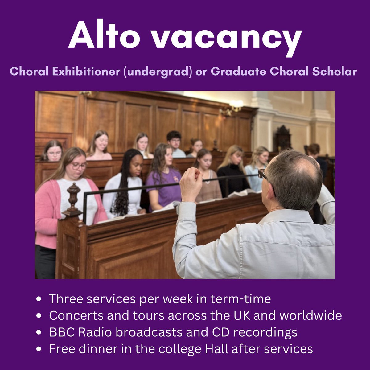 We are looking for a new Alto to join Queen’s Choir! 🎵

The position is suitable for an undergraduate or postgraduate to join Oxford’s leading mixed voice choir. If this sounds like you, head to the Vacancies section of our website to find out more and apply. Link in Bio 🎶