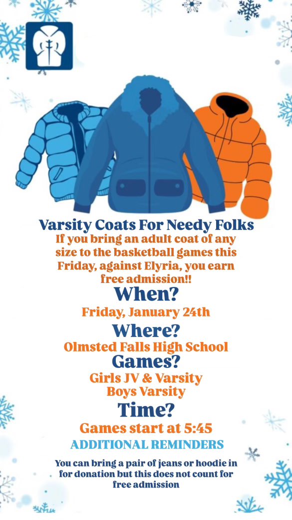 HPE_OFHS's tweet image. Please help support our @OFHS_SC  cause, Varsity Coats for Needy Folks, at the @fallsgirlshoops  and @ofbasketball vs. @ElyriaAthletics JV/V basketball games on 1/24. Anyone who donates an adult sized winter coat at the game will be given free admission. @OFalls_Bulldogs