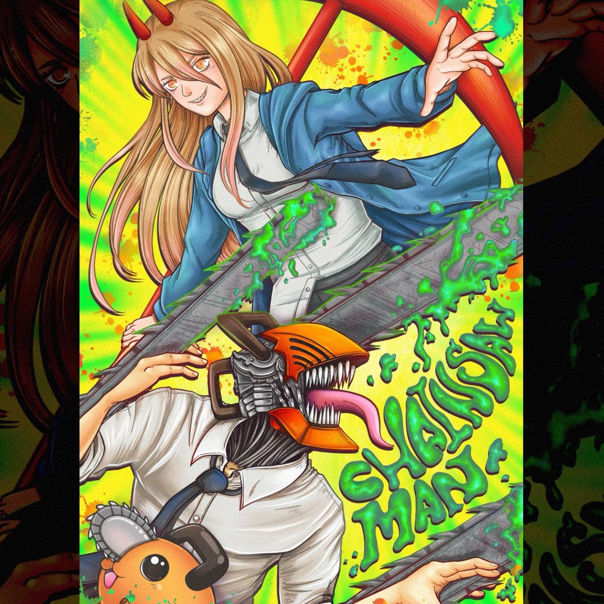 Igniheart's tweet image. Chainsaw Man, because having a head and arms for chainsaws seems cool. But only for battles, for other tasks it may not be so good. #AnimeArt #manga #chain