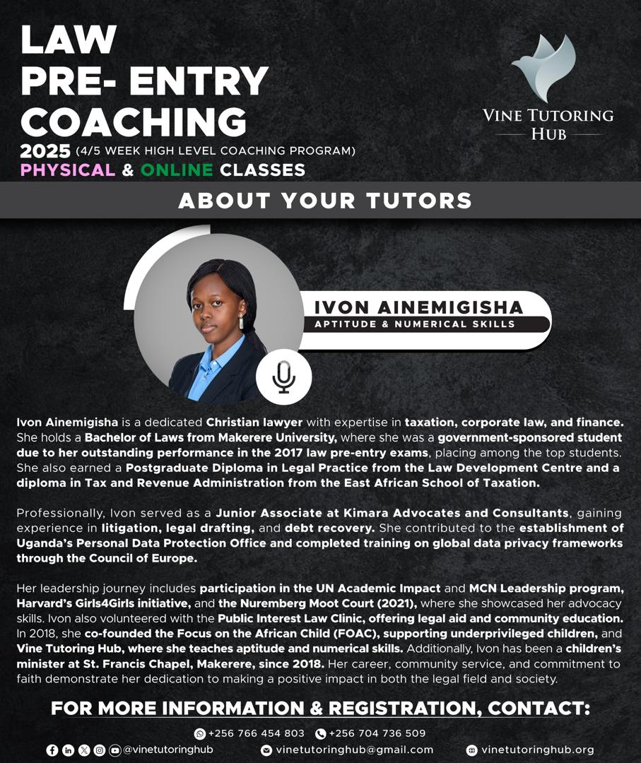VineTutoringHub's tweet photo. 🚨 LAW PRE-ENTRY COACHING 2025! 🎓✨
Vine Tutoring Hub: Your path to law school success.
Expert tutors, comprehensive resources, &amp; continuous mentorship.
Online &amp; in-person classes available.
📞 +256 766 454 803 | +256 704 736 509
🌐 https://t.co/EuJ5QYaHze https://t.co/l9ufi4vKB0