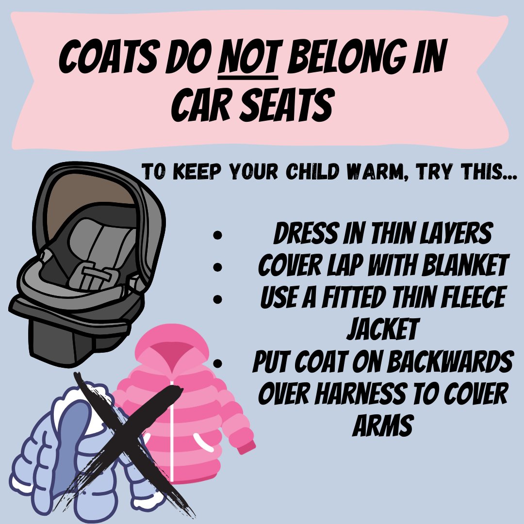 ❄️🚗 Coats and car seats don’t mix! Bulky winter coats can interfere with the harness fit, putting your child at risk. Keep them safe by strapping them in without the coat, then layer blankets or a warm jacket on top. Safety first, warmth second! 🧥💺 #CarSeatSafety #WinterSafety