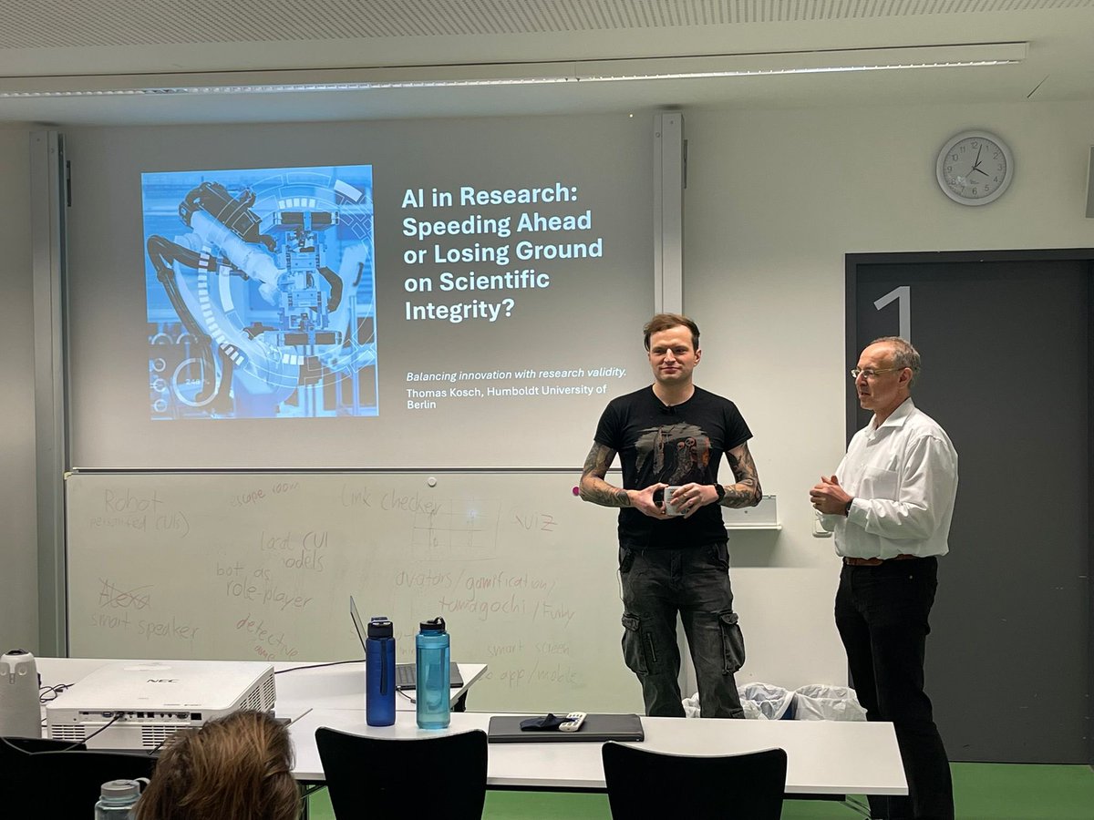 albrechtschmidt's tweet photo. Thomas Kosch is talking about the use of AI in scientific research and how this impacts scientific integrity following up discussion on the use of GenAI in writings and reviewing… as part of the seminar of the @SFB-TRR161 @thomas_kosch @mimuc @SfbTrr161 https://t.co/vsu5wuitk5