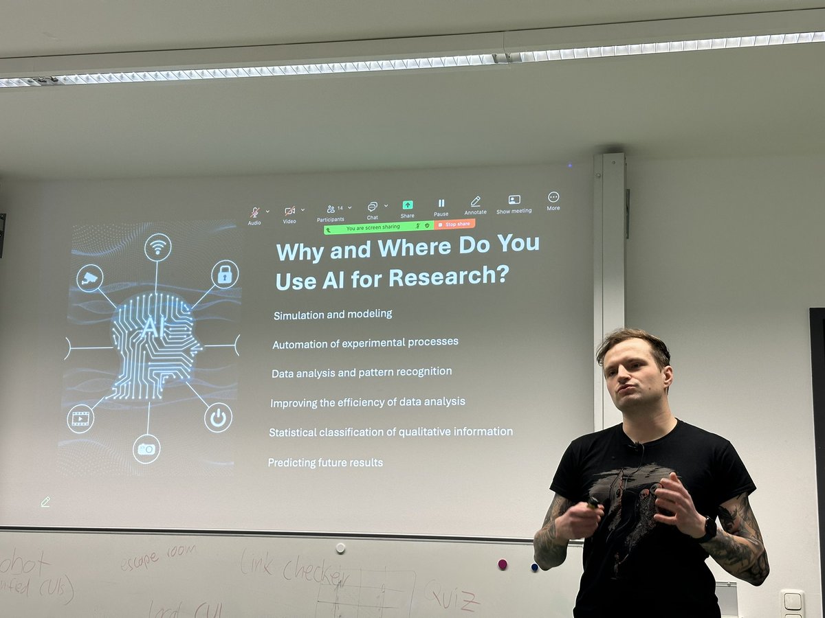 albrechtschmidt's tweet photo. Thomas Kosch is talking about the use of AI in scientific research and how this impacts scientific integrity following up discussion on the use of GenAI in writings and reviewing… as part of the seminar of the @SFB-TRR161 @thomas_kosch @mimuc @SfbTrr161 https://t.co/vsu5wuitk5