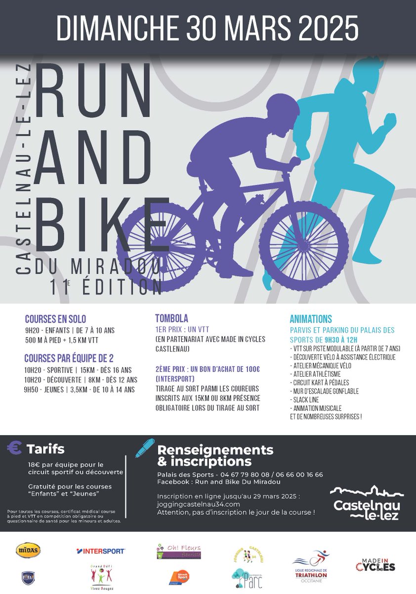 CastelnauleLez's tweet photo. 🚴♂️🏃♀️ INSCRIPTIONS - Run & Bike 2025 : 11e édition à Castelnau-le-Lez 🏅
📅 Dimanche 30 mars 2025
Courses solo et duo, animations pour tous, tombola exceptionnelle 🎁
👉 Inscrivez-vous dès maintenant : https://t.co/4AjcJ4k6E1
#RunAndBike #CastelnauLeLez #SportPourTous https://t.co/7IxmwZb2Gq