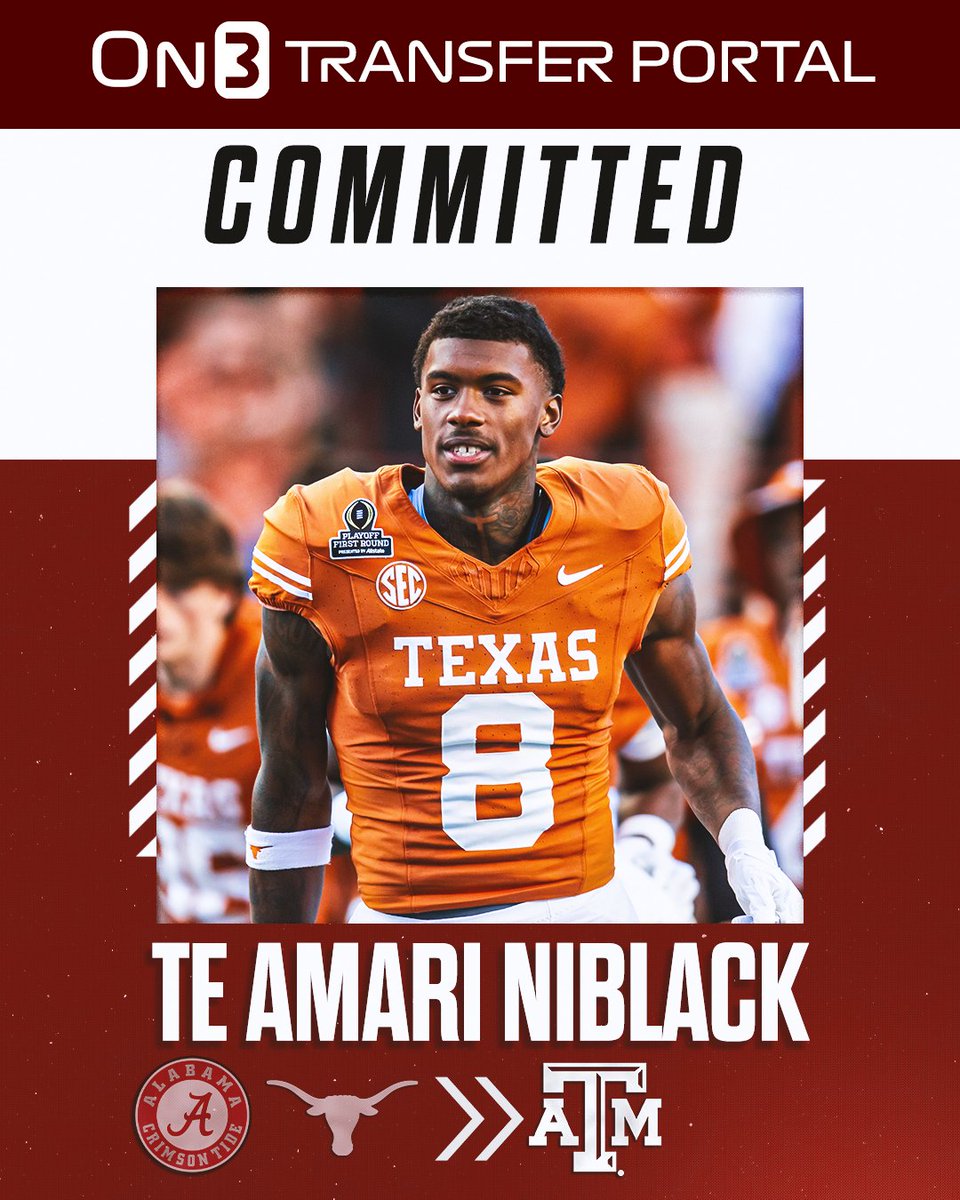 On3 (@on3sports) on Twitter photo BREAKING: Texas transfer TE Amari Niblack is expected to sign with Texas A&M, <a href="/PeteNakos_/">Pete Nakos</a> reports👍
on3.com/transfer-porta… BREAKING: Texas transfer TE Amari Niblack is expected to sign with Texas A&M, <a href="/PeteNakos_/">Pete Nakos</a> reports👍
on3.com/transfer-porta…