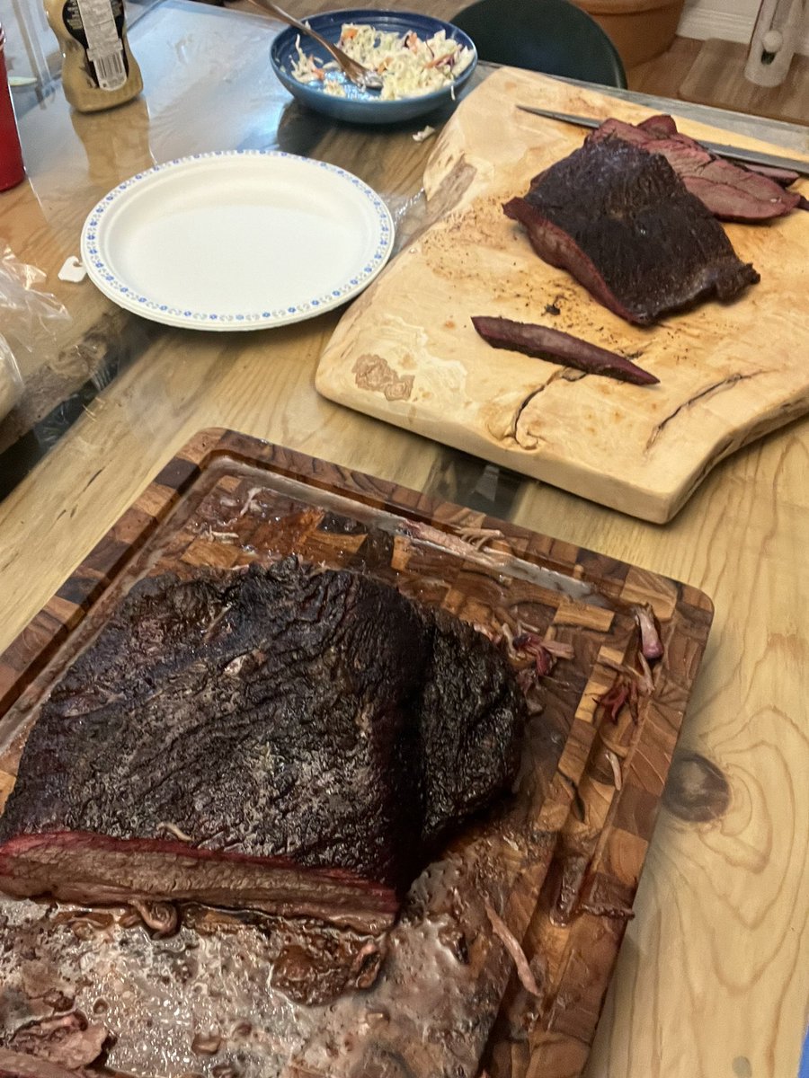 Moose brisket (top) vs beef brisket (bottom) 
I was really impressed how good the moose brisket turned out. Hard to beat beef but the moose was surprisingly good.
