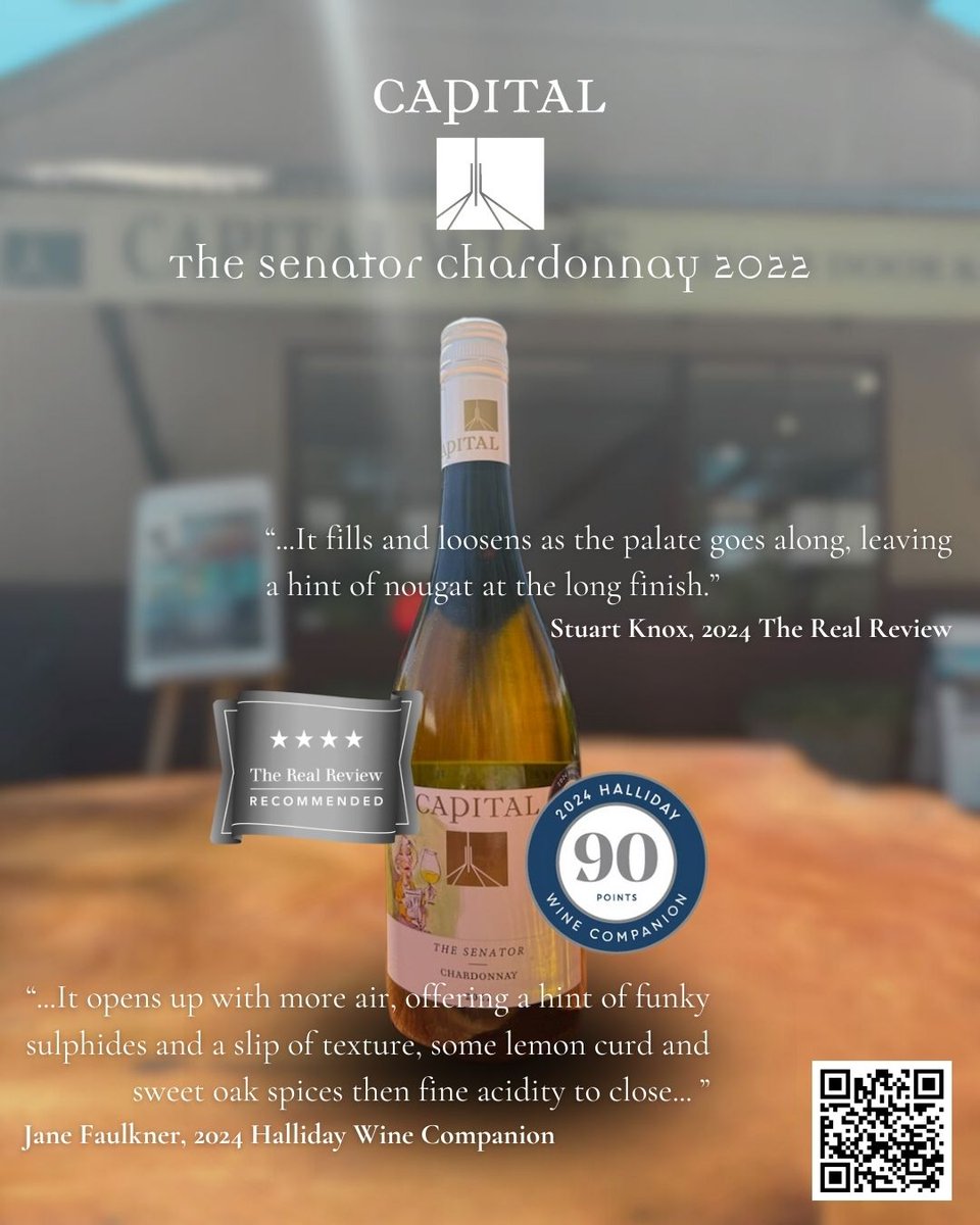 We are happy to announce that Capital's The Senator Chardonnay 2022 has received new awards from The Real Review  and Halliday Wine Companion:

91 Points, Silver Ribbon, Stuart Knox, 2024 The Real Review

90 Points, Silver Medal, Jane Faulkner, 2024 Halliday Wine Companion