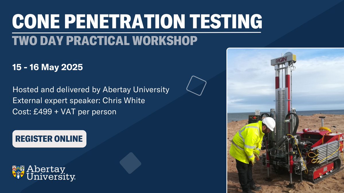 👷 Join us for a comprehensive two-day CPT workshop at Abertay University. Learn to compile, assess, and apply Cone Penetration Testing data to geotechnical design.

Limited spaces are available - find out more and register here 👇

abertay.ac.uk/YTZi