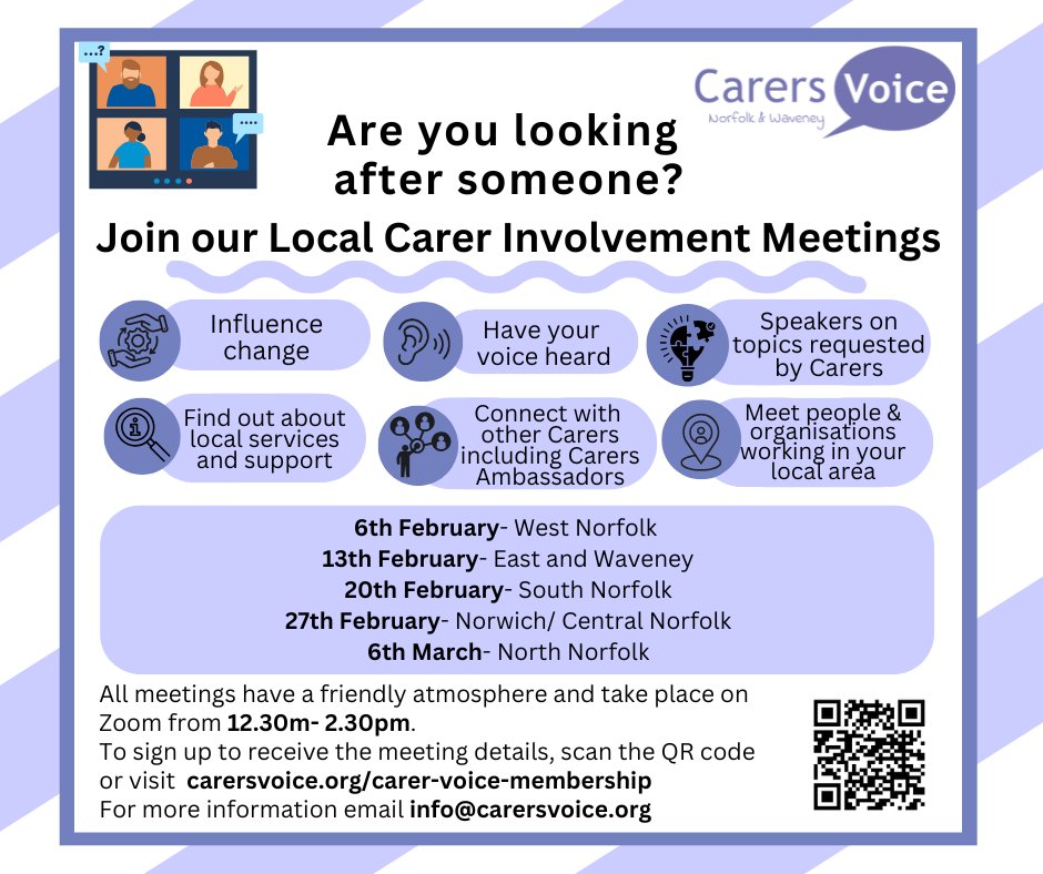 📢Calling all Carers in Norfolk &amp; Waveney!
Are you looking after someone? Join our Local Carer Involvement Meetings this February and March to:
➡️Have your voice heard
➡️Connect with other Carers
➡️Learn about local services and support
Sign up here: carersvoice.org/carer-voice-me…