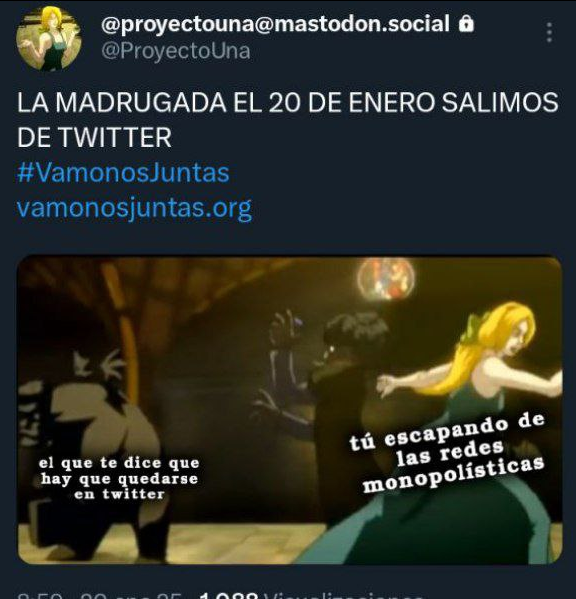 cerocurro's tweet photo. Que @ProyectoUna se vaya de X es lo que me termina de convencer. Nos vemos en Mastodon (mejor) o en bsky... y en la calle y en los bailes.

- Bluesky: https://t.co/7lIfp9tSJO
- Mastodon: https://t.co/9Qo4bKixEM 

#VamonosJuntas 
#BoicotTwitter 
#HuelgaTwitter 
#HelloQuitteX https://t.co/LeieiavmH9