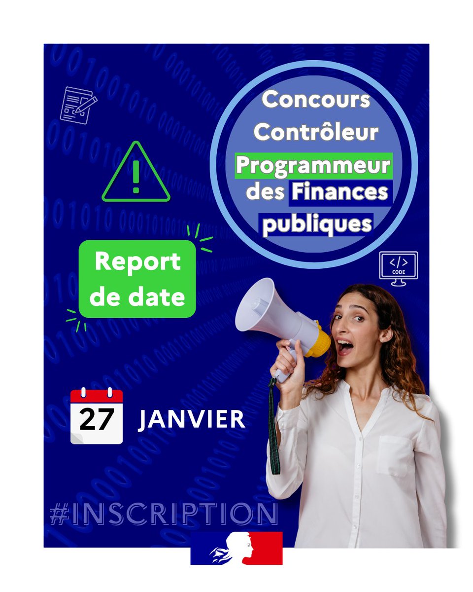 📢 #ANNONCE | 

⚠️ La date d'ouverture des inscriptions au concours externe de contrôleur programmeur 👨‍💻 de la <a href="/dgfip_officiel/">Direction générale des Finances publiques</a> est reportée au 27 janvier 2025 ❗

📃 Vous pouvez dès maintenant créer votre compte : recrutements.dgfip.finances.gouv.fr

➕ d'infos 👉 …lesfinancespubliques.economie.gouv.fr/rejoindre-les-…