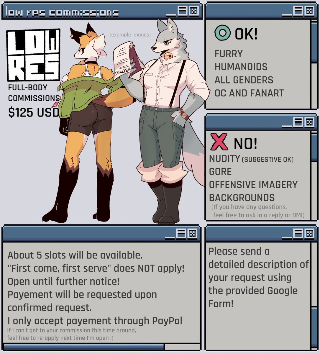 Low_Res_Art's tweet photo. Still got a little bit of catcing up to do since the involuntary break last month, but COMMS ARE BACK UP!  Application is in the replies. Feel free to message me with any questions.  Sharing around is greatly appreciated! https://t.co/rbbOj0VU7h