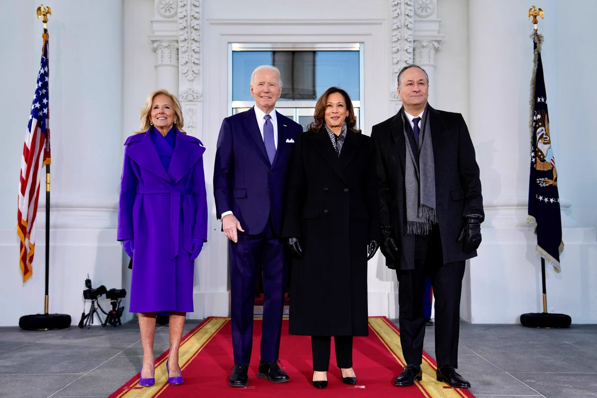 President Joe Biden, Vice President Kamala Harris, First Lady Jill Biden, and Second Gentleman Douglas Emhoff gather on the North Portico of the White House for the final time.