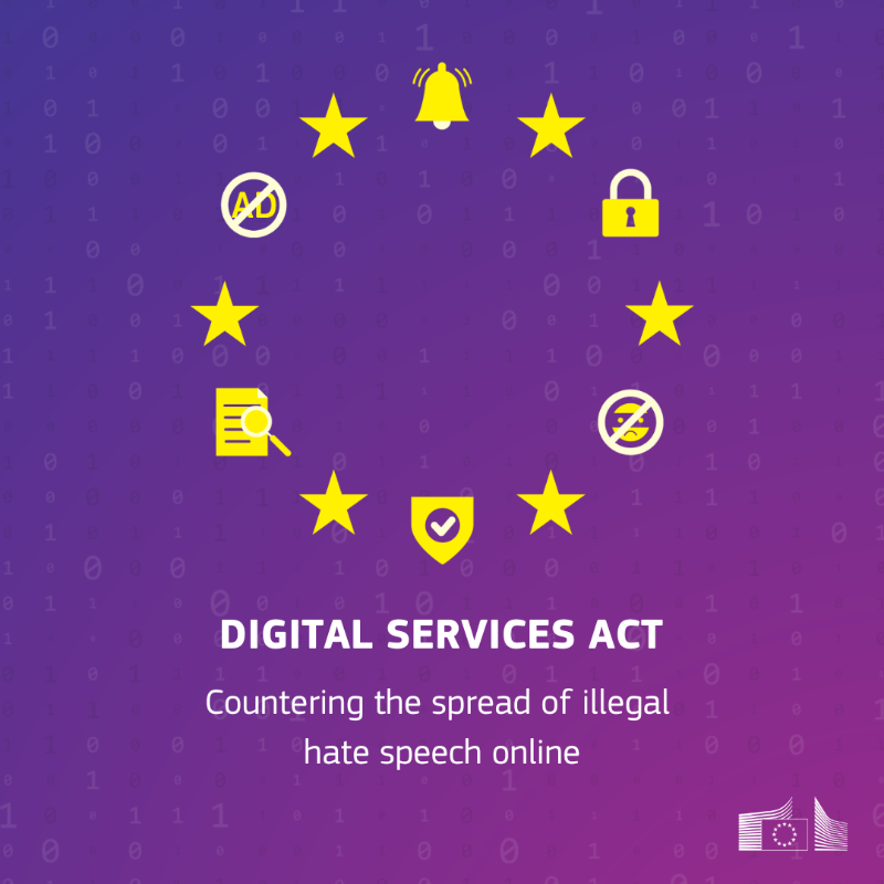 EU_Commission's tweet photo. Offline or online, Europe acts steadfastly against hatred.

A revised Code of conduct on countering illegal hate speech online is being integrated into the Digital Services Act.

It’ll strengthen platforms' handling of illegal hate speech and ensure effective #DSA enforcement ↓
