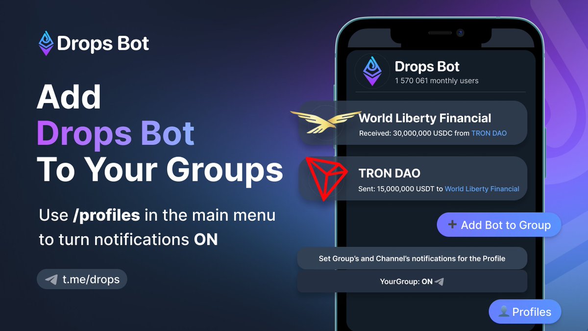 etherdrops_bot's tweet photo. ⚡️ @worldlibertyfi, backed by @realDonaldTrump, recently purchased 19.3M $TRX (~$4.7M) and spent nearly $10M to acquire $AAVE and $LINK

0x5be9a4959308A0D0c7bC0870E319314d8D957dBB

💥 @trondao continues to increase its investment in World Liberty, bringing their total commitment to $75M.

0x5AB26169051d0D96217949ADb91E86e51a5FDA74

📢 Turn your groups into on-chain news 
- add https://t.co/wmHDQalO2I for real-time updates on major events.
Use /profiles in the main menu to turn notifications ON

📚 Detailed Guide https://t.co/CKZ4Y4YHhK