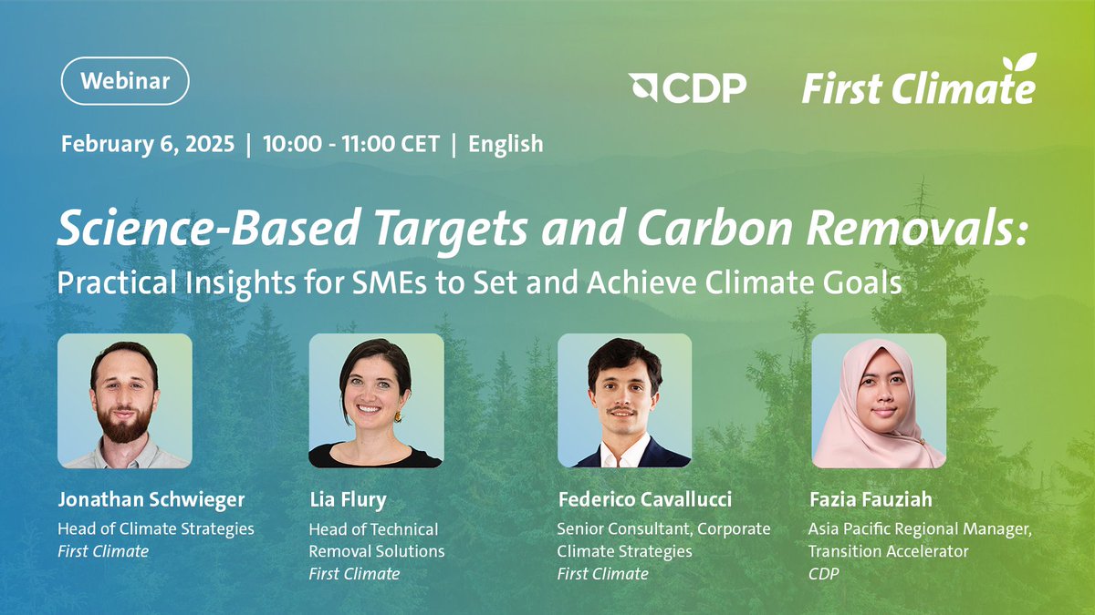 First Climate (@firstclimate) on Twitter photo Join <a href="/FirstClimate/">First Climate</a> + <a href="/CDP/">CDP</a> in a #webinar for #SMEs to set climate targets with SBTi <a href="/sciencetargets/">Science Based Targets initiative</a>. We will share insights on how carbon removals can drive measurable progress to help your business achieve its climate goals.🌱
us02web.zoom.us/webinar/regist… Join <a href="/FirstClimate/">First Climate</a> + <a href="/CDP/">CDP</a> in a #webinar for #SMEs to set climate targets with SBTi <a href="/sciencetargets/">Science Based Targets initiative</a>. We will share insights on how carbon removals can drive measurable progress to help your business achieve its climate goals.🌱
us02web.zoom.us/webinar/regist…