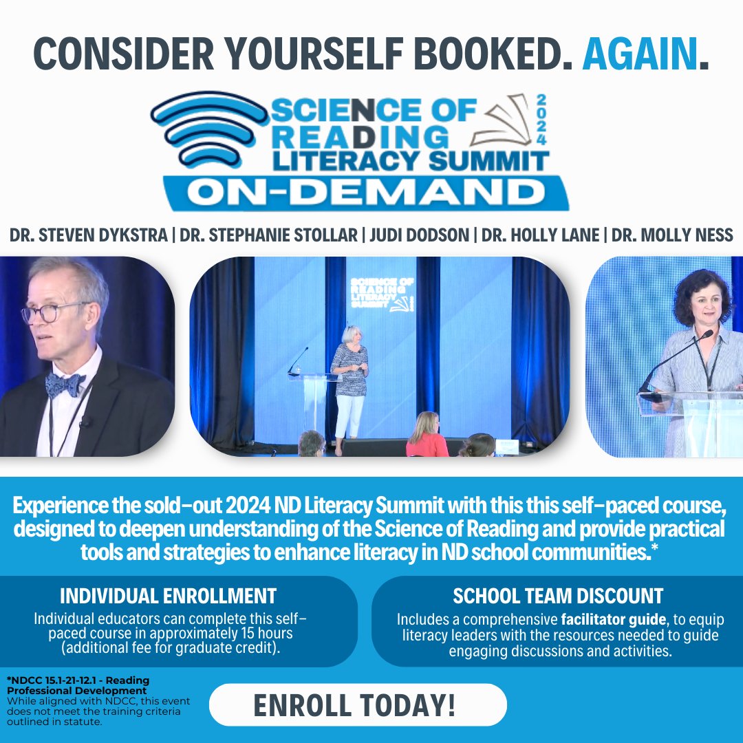 Highlights from the sold-out 2024 ND Literacy Summit are now available on-demand in the ND Educational Hub! Featuring literacy experts sharing journeys implementing the Science of Reading. tinyurl.com/LitSummit24OnD…
Questions? Contact pd.crea@k12.nd.us