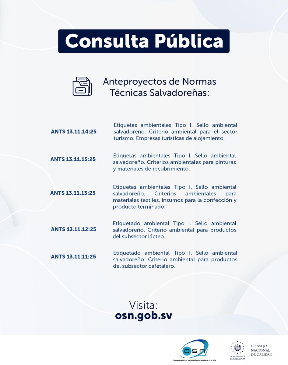 Iniciamos una nueva Consulta Pública de los Anteproyectos de Normas Técnicas Salvadoreñas sobre la Gestión de Medio Ambiente.

👉Ingresa: bit.ly/3JBsxJd.