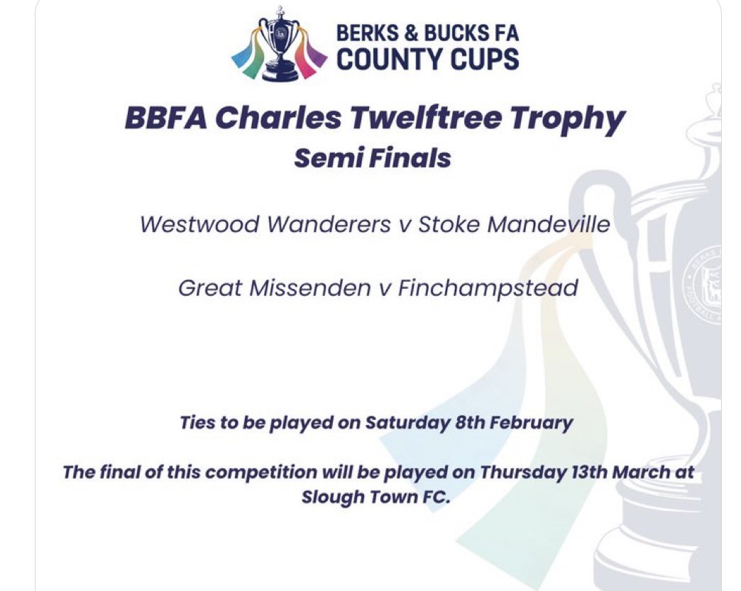 Todays draw has kept <a href="/WestwoodMens/">Westwood Wanderers Mens</a> and <a href="/Finch_FC1/">Finchampstead FC</a> apart in the semi-finals, giving us possibility of an all <a href="/ThamesValleyPL/">Thames Valley PL</a> final .. Good luck teams .. <a href="/BerksandBucksFA/">Berks & Bucks FA</a>
