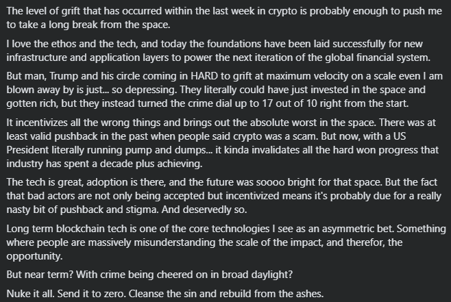 Issherai's tweet photo. Trump wasn't just another celeb scammer, he is literally THE crypto advocate and our chosen golden champion.

The President of the United States is grifting crypto in broad daylight and you fucking donkeys are cheering. 

The hangover from this is gonna be mind boggling. https://t.co/7nV5iUCbUy