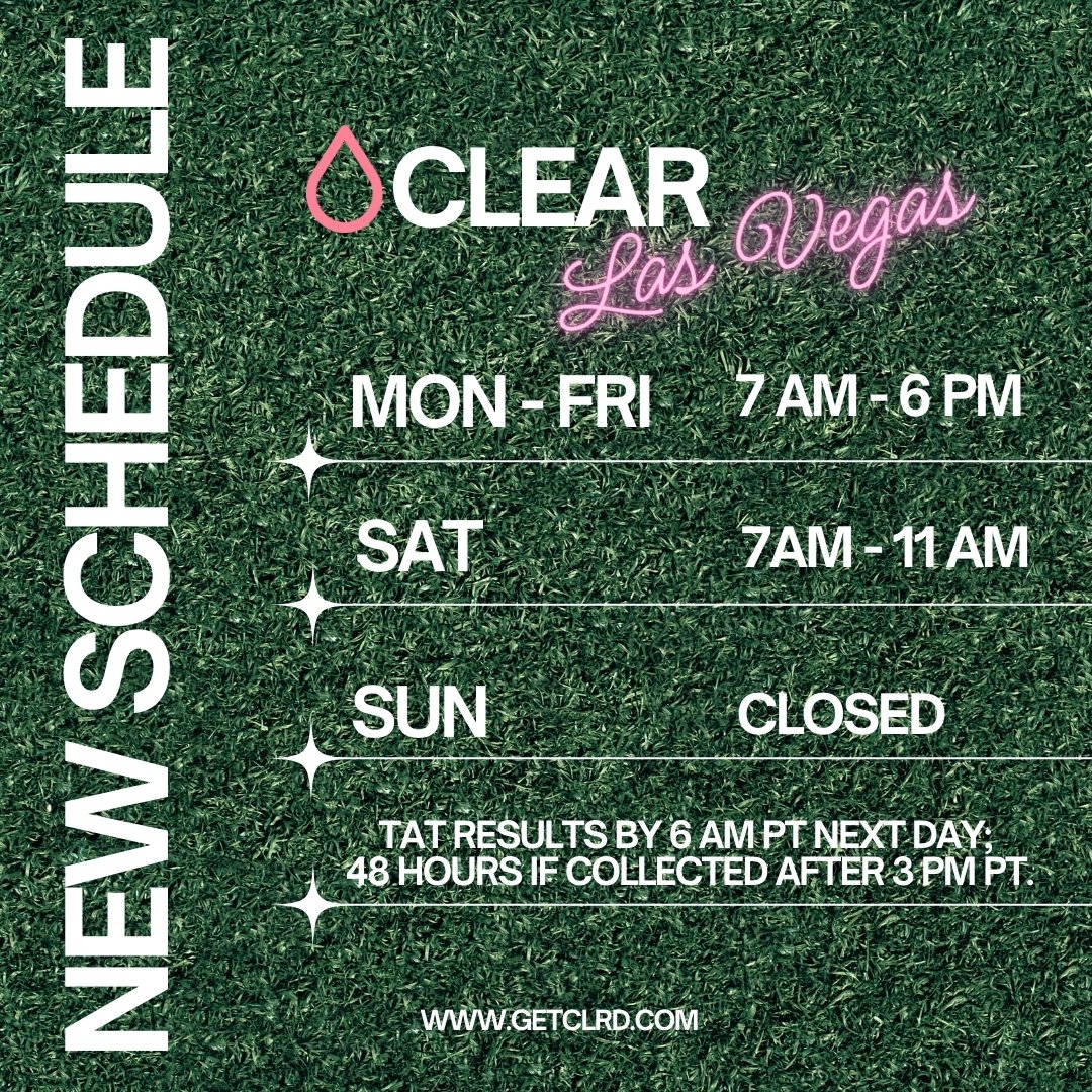 get_clrd's tweet photo. 🌞 Rise and shine, Vegas! 🌞 We've extended CLEAR LV's testing hours to keep you ready for the hottest events! 🔥🎉
🕖 Mon-Fri: 7am - 6pm
🕖 Sat: 7am - 11am
Get cleared and stay on top of your game. 👌 #CLEAR #LasVegas #EventReady #StayCleared https://t.co/PRJ7seDYDL