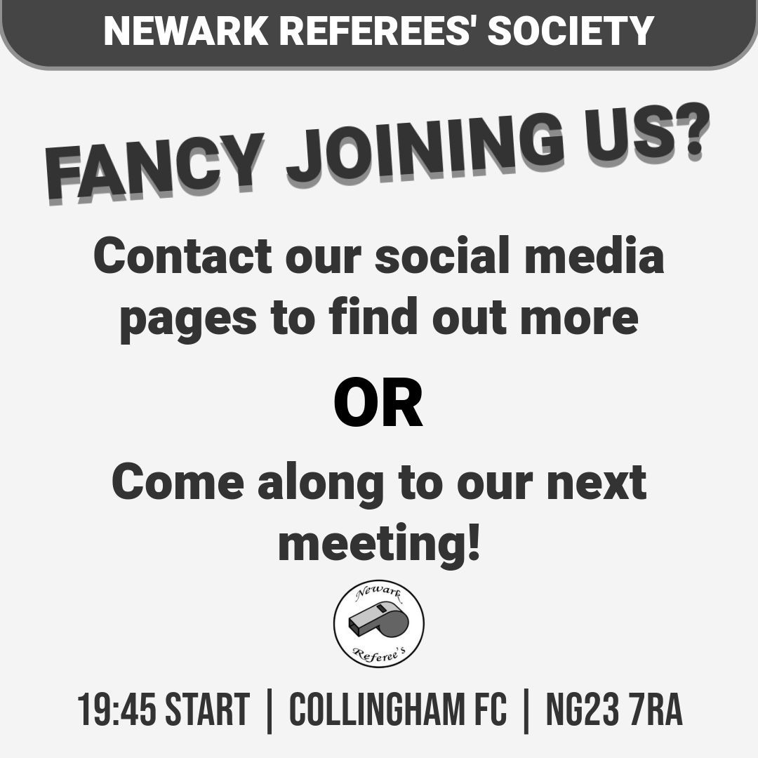 Fancy joining us?

Newark Referees’ Society are always looking for new members, with offerings for you such as top guest speakers, learning and development, and other great opportunities.

Contact us for more information, and come along to our next meeting.

#newark #referees