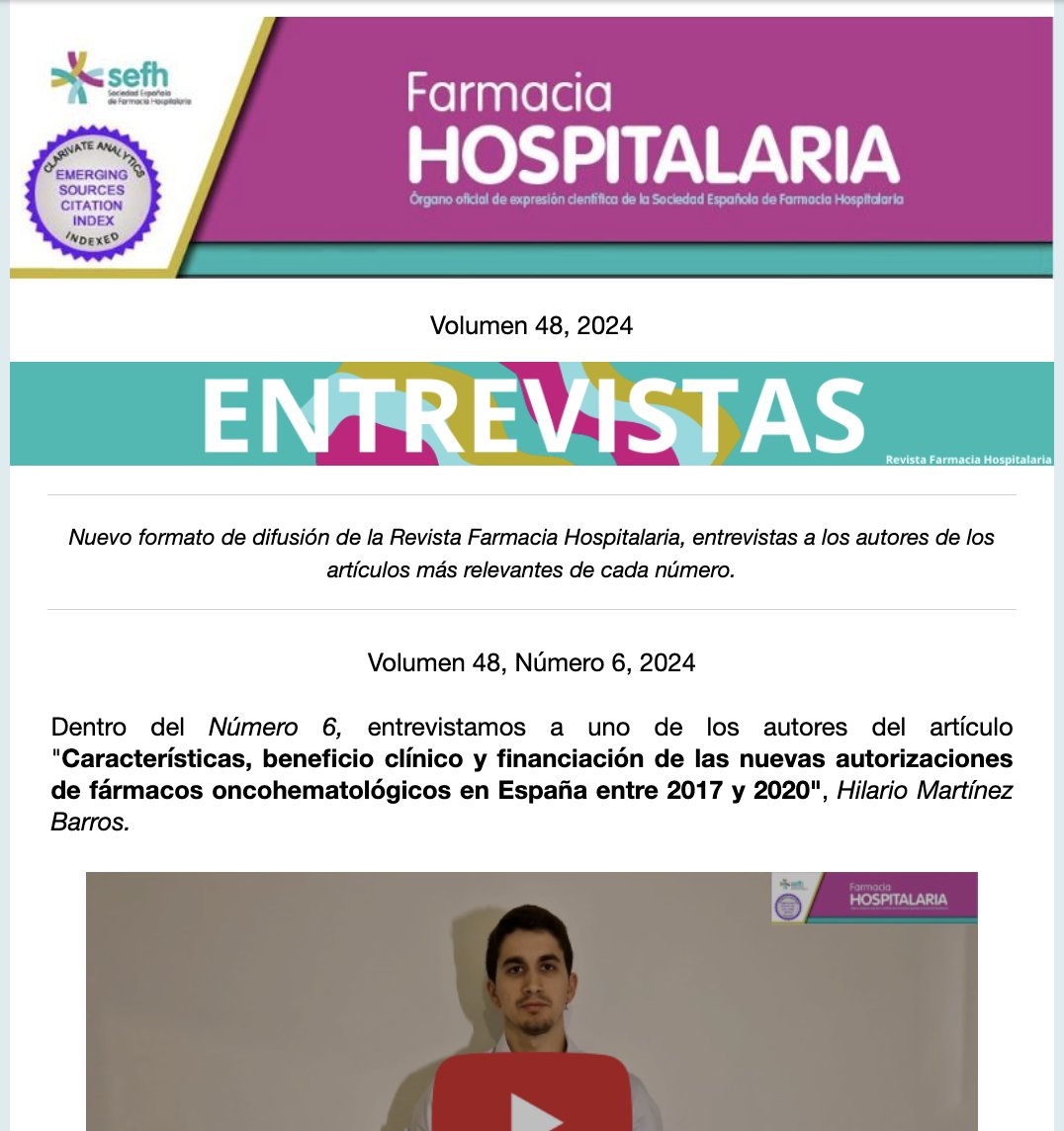 🎥 Descubre las entrevistas con autores de los artículos más relevantes publicados en la #RevistaFarmaciaHospitalaria durante 2024. ¡Todos los videos en un solo lugar!
🔗 Accede aquí: mailchi.mp/sefh/entrevist…
#RevistaFarmaciaHospitalaria