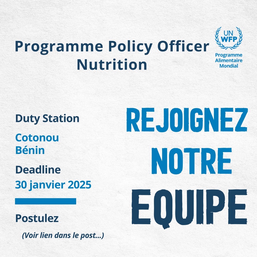 Bismarck Sossa (@ayimalin) on Twitter photo #JobAlert - Le Programme Alimentaire Mondial au Bénin recrute un(e) responsable en charge de la nutrition
Pour postuler ➡️ shorturl.at/kEYuT
Deadline : 30 janvier 2025
Vous avez le bon profil OU connaissez un(e) ami(e) avec le bon profil ?
Partagez !!!
<a href="/aliouatt/">Ali OUATTARA</a> #JobAlert - Le Programme Alimentaire Mondial au Bénin recrute un(e) responsable en charge de la nutrition
Pour postuler ➡️ shorturl.at/kEYuT
Deadline : 30 janvier 2025
Vous avez le bon profil OU connaissez un(e) ami(e) avec le bon profil ?
Partagez !!!
<a href="/aliouatt/">Ali OUATTARA</a>