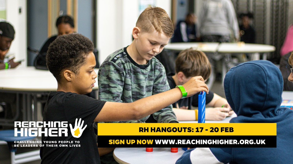 Sign your young person ages 10 - 16(year 6 - 11) up for RH Hangouts - a FREE half-term programme, 17-20 Feb! 🎉 

Spaces limited, sign up now! 👉reachinghigher.org.uk/rh-hangouts 

#HalfTermFun #FreeActivities