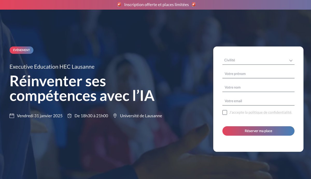 Formation Continue UNIL-EPFL (@foco_unil_epfl) on Twitter photo Et si vous réinventiez vos compétences grâce à l'#IA?
L'Executive Education <a href="/heclausanne/">HEC Lausanne</a> vous invite à une soirée incontournable dédiée à l'IA et au #DéveloppementProfessionnel le vendredi 31 janvier de 18h30 à 21h à l'<a href="/unil/">Université de Lausanne</a> !
✅Réservez votre place : execed.unil.ch/lp/10-ans/ Et si vous réinventiez vos compétences grâce à l'#IA?
L'Executive Education <a href="/heclausanne/">HEC Lausanne</a> vous invite à une soirée incontournable dédiée à l'IA et au #DéveloppementProfessionnel le vendredi 31 janvier de 18h30 à 21h à l'<a href="/unil/">Université de Lausanne</a> !
✅Réservez votre place : execed.unil.ch/lp/10-ans/