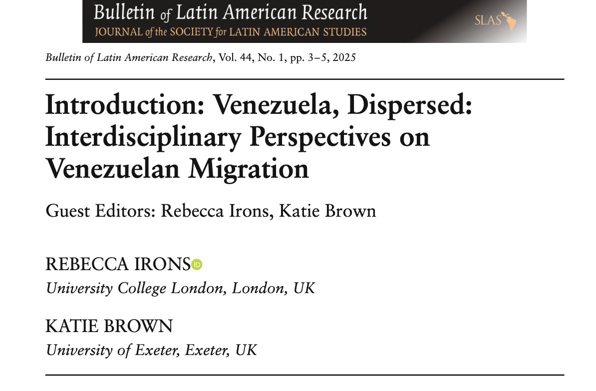 SLAS Society for Latin American Studies (@slaslatam) on Twitter photo 1⃣You can read the Introduction to the Special Issue, 'Venezuela, Dispersed: Interdisciplinary Perspectives on Venezuelan Migration', written by the issue's co-editors, <a href="/RebeccaMIrons/">Rebecca Irons, PhD</a> and <a href="/DrKatieBrown/">Katie Brown</a>.
#OpenAccess
READ HERE:
onlinelibrary.wiley.com/doi/10.1111/bl… 1⃣You can read the Introduction to the Special Issue, 'Venezuela, Dispersed: Interdisciplinary Perspectives on Venezuelan Migration', written by the issue's co-editors, <a href="/RebeccaMIrons/">Rebecca Irons, PhD</a> and <a href="/DrKatieBrown/">Katie Brown</a>.
#OpenAccess
READ HERE:
onlinelibrary.wiley.com/doi/10.1111/bl…