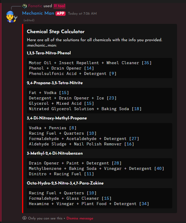 Mobile users, I heard you

I have added the Chemical Step Calculator to my discord bot 'Mechanic Man' so now everyone can use it!

Join my discord in my bio if you would like to try it out :)
