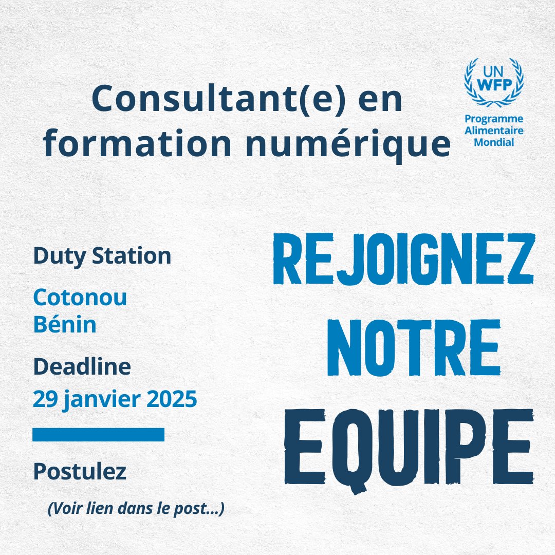 Bismarck Sossa (@ayimalin) on Twitter photo Le Programme Alimentaire Mondial au Bénin recrute un(e) Consultant(e) en formation numérique
Pour postuler ➡️ shorturl.at/wMLXr
Deadline : 29 janvier 2025
Vous avez le bon profil OU connaissez un(e) ami(e) avec le bon profil ?
Partagez !
<a href="/aliouatt/">Ali OUATTARA</a> Le Programme Alimentaire Mondial au Bénin recrute un(e) Consultant(e) en formation numérique
Pour postuler ➡️ shorturl.at/wMLXr
Deadline : 29 janvier 2025
Vous avez le bon profil OU connaissez un(e) ami(e) avec le bon profil ?
Partagez !
<a href="/aliouatt/">Ali OUATTARA</a>