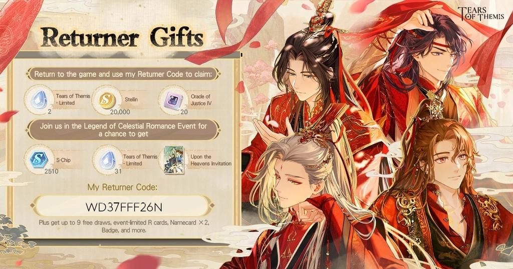 __Milyyy__'s tweet photo. Welcome back to Stellis! Here's a Returner Gift for you. Log in now and participate in the "Legend of Celestial Romance" Event! 
Link my exclusive Returner Code "WD37FFF26N" to obtain the gift! 
 #TearsOfThemis 
 #LegendofCelestialRomance  Download link:https://t.co/UPt0SBeouy https://t.co/qISqGJWnbv