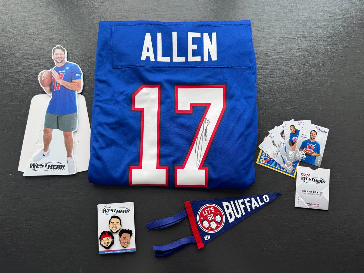 🚨 GIVEAWAY 🚨 - To celebrate #Buffalo’s HUGE win over Baltimore, we are giving away a #TeamWestHerr prize pack including a signed <a href="/JoshAllenQB/">Josh Allen</a> jersey, mini cutout, pennant, pins &amp; our custom trading cards! 🏈 🎉 🚩

To enter, just RT &amp; make sure you are following us! Must