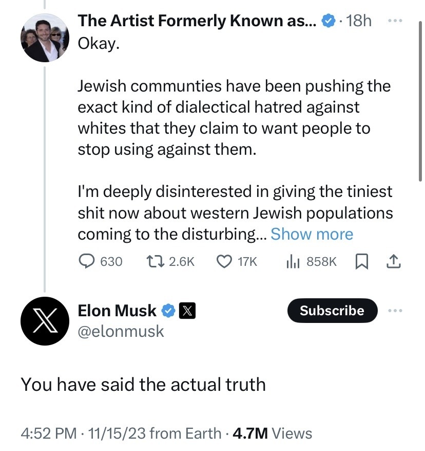 academic_la's tweet photo. I firmly believe that Musk turning Twitter into a Nazi hell hole, campaigning for German Nazis, and giving the Nazi salute is all a big misunderstanding. https://t.co/6w1GPsFeYY